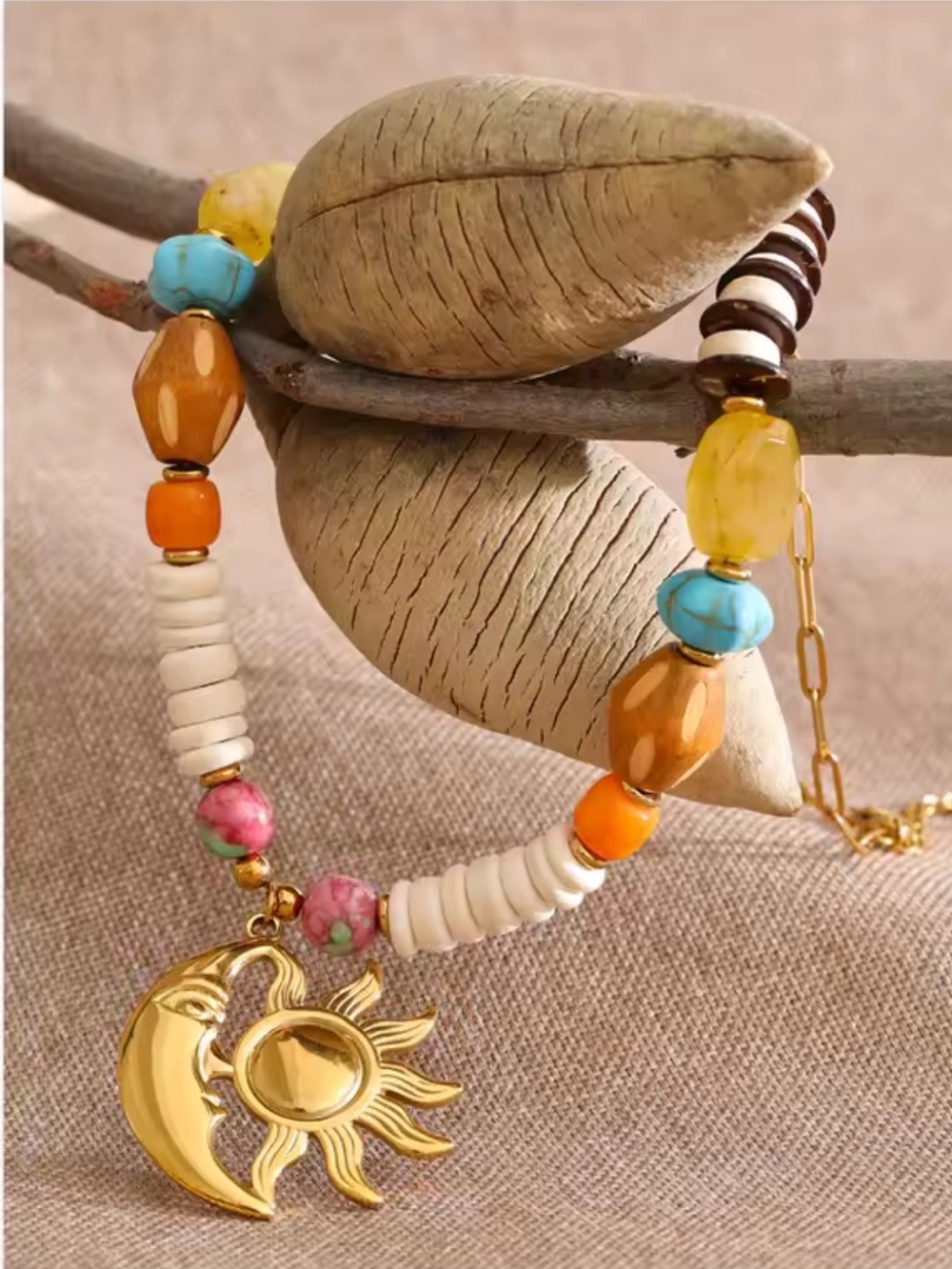 Celestial Sun Moon Gold Beaded Necklace - Picture 15 of 17